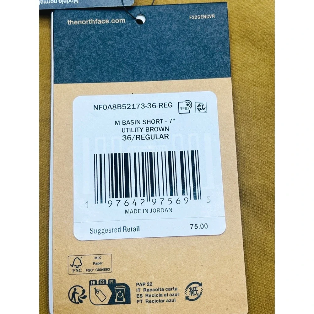 The North Face Mens‎ Basin Short 7 Inch Utility Brown NF0A8B52173 Size 36 NEW